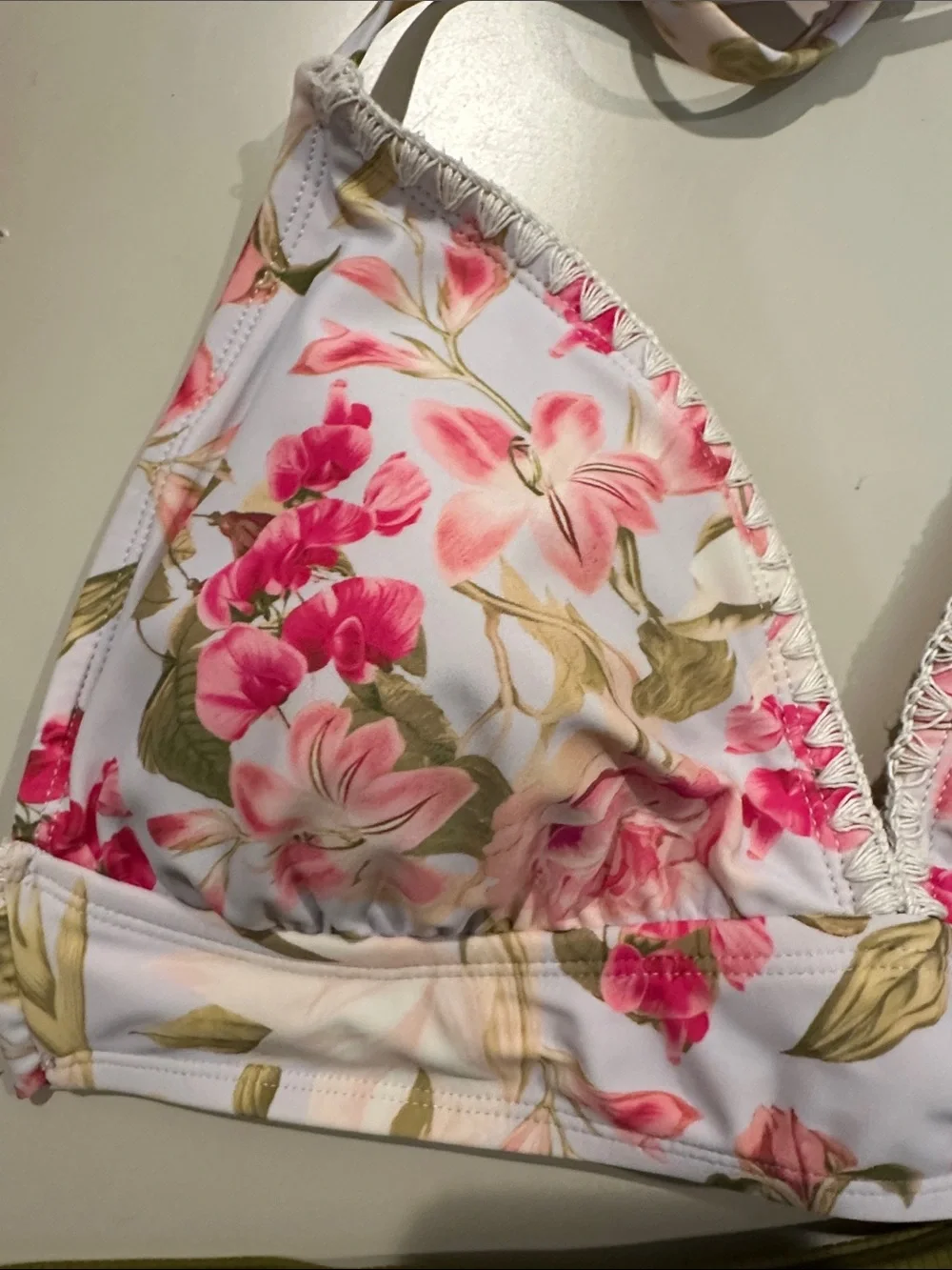 Set of White and Floral Triangle Bikini top and Green High Rise Bottoms
